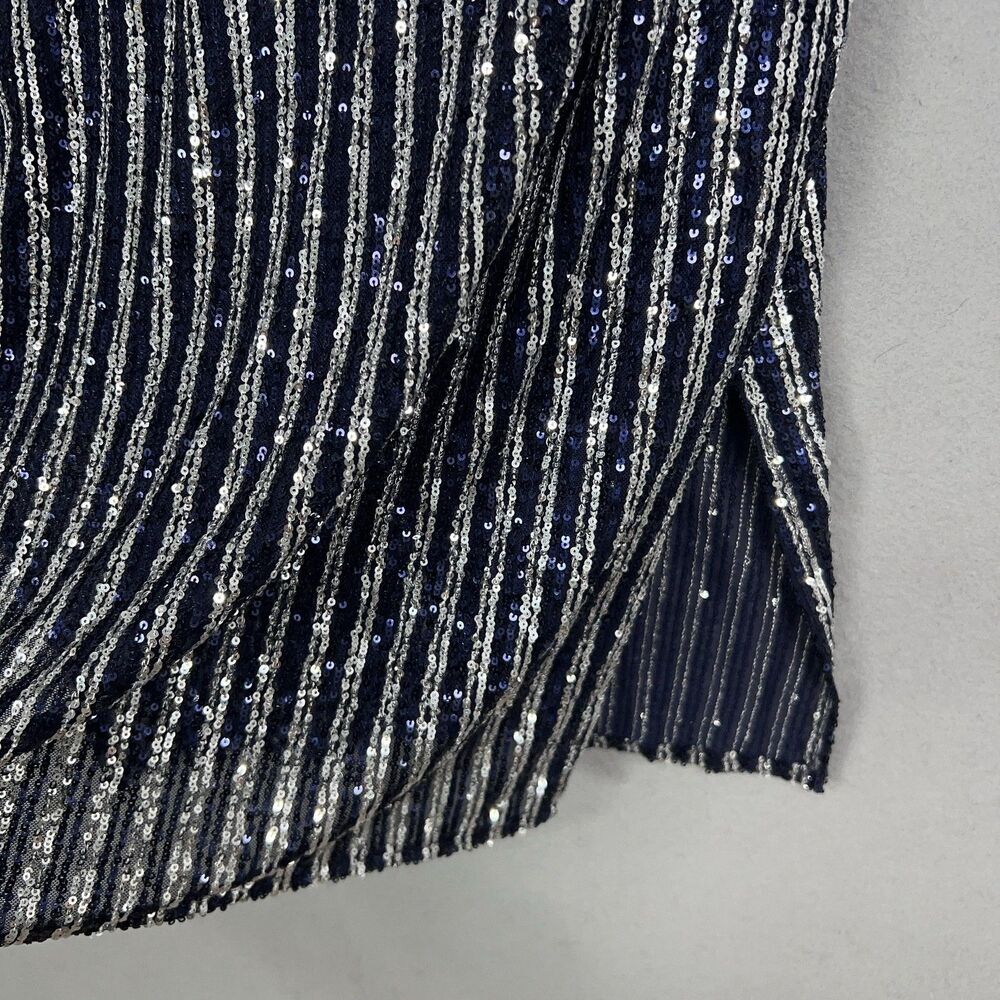 Anthropologie Flat White Dress Women Small Navy Blue Silver Sequin Striped Party - Picture 5 of 16